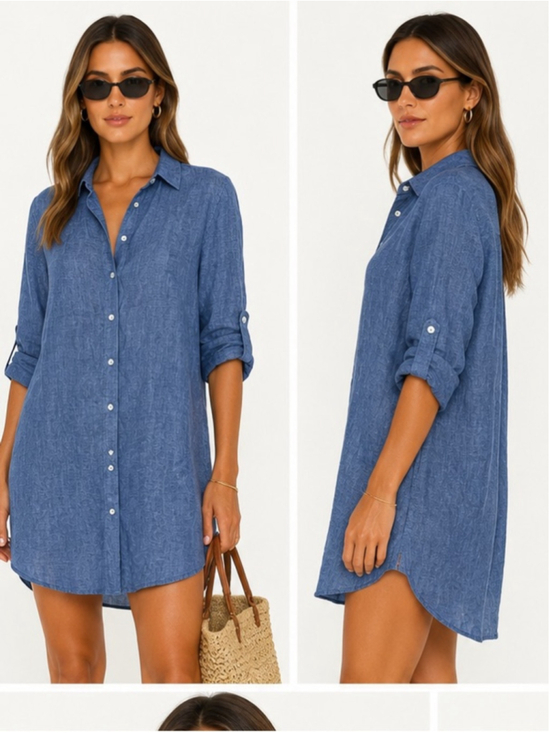 Eye of the Needle Tops - Eye of the Needle Blue Linen Button Front Tunic Shirt Dress Coastal Minimalist